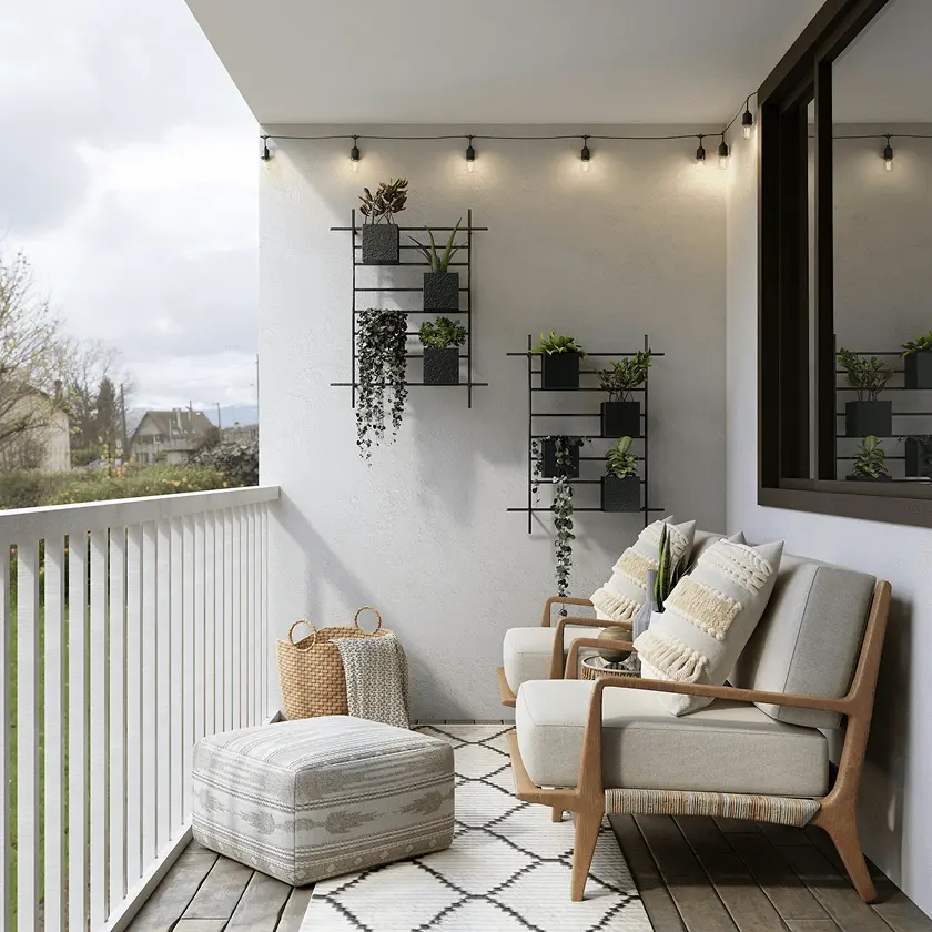 A bright balcony with light gray outdoor chairs, a patterned ottoman, and a geometric rug is decorated with hanging string lights and wall-mounted planters with various plants.