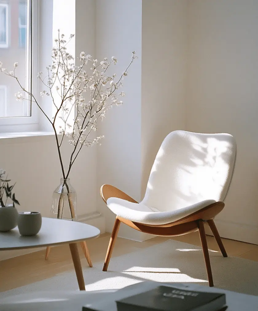  A brightly lit corner of a room features a modern white armchair with light wood accents, a small white coffee table with a plant, and a clear vase with white branches next to a sunlit window.