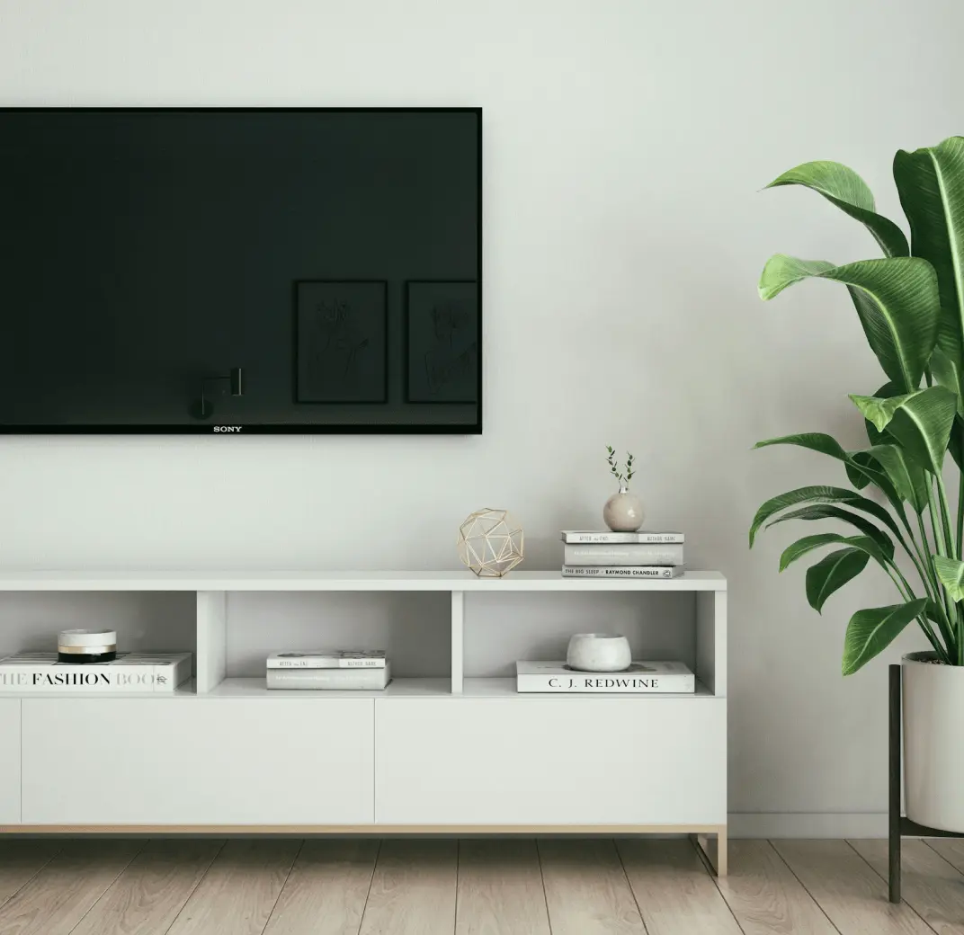 A living room with a wall-mounted TV, white media console, and a large plant.