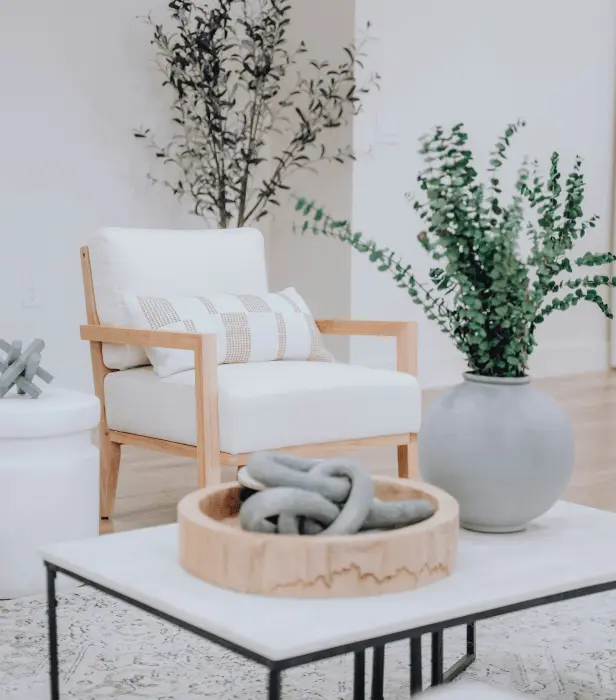 A living room with a white armchair, a coffee table with decor, and potted plants.